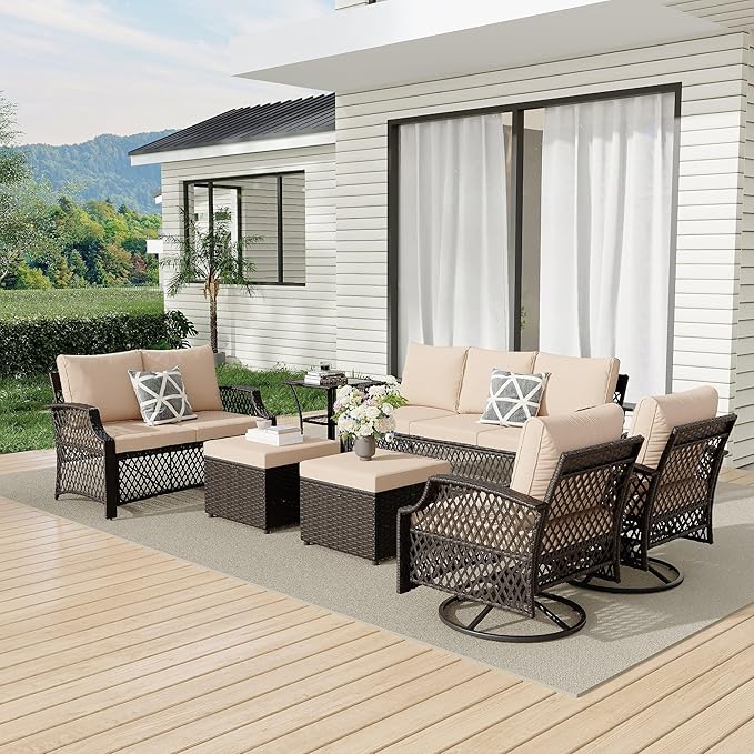 HOMREST 7 Piece Patio Furniture Set, Wicker Outdoor Conversation Sofa Set with Swivel Chairs, 2 Ottomans, Glass Side Table, Rattan Outdoor Sectional for Deck Backyard Porch （9 Seats, Khaki