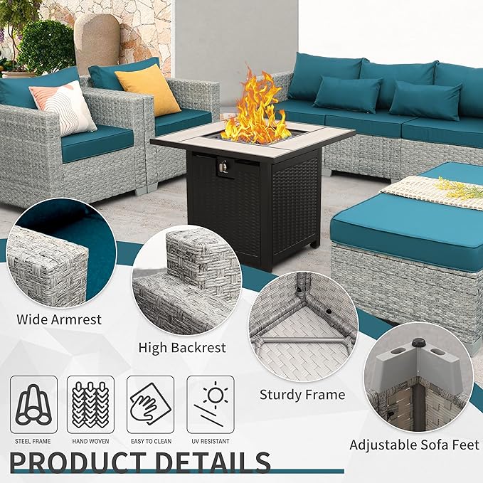 WAROOM Patio Furniture Set 6 Piece PE Rattan Outdoor Conversation Sets Grey Wicker Couch Sectional Sofa with 30" Fire Pit Table and Peacock Blue Cushion