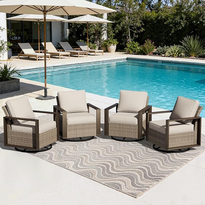 Joyside Outdoor Patio Swivel Rocker Chairs Set, 4 Pieces Wicker Rattan Chairs with Metal Wide Armrest, Thick Cushions and Deep Seating for Garden, Backyard, Porch, Deck