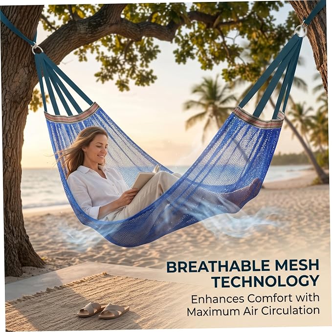 Camping Hammock Lightweight Portable, Anti-roll Breathable Mesh Outdoor Hammock with Tree Straps & Carry Bag, Blue (102.36x51.18in)