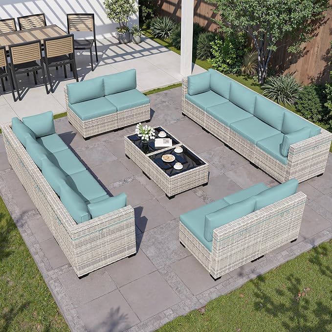 14-Piece Outdoor Patio Furniture Set, PE Wicker Rattan Sectional Sofa Conversation Set with Tempered Glass Table & Thick Cushions - All-Weather Garden, Backyard Furniture, Light Blue