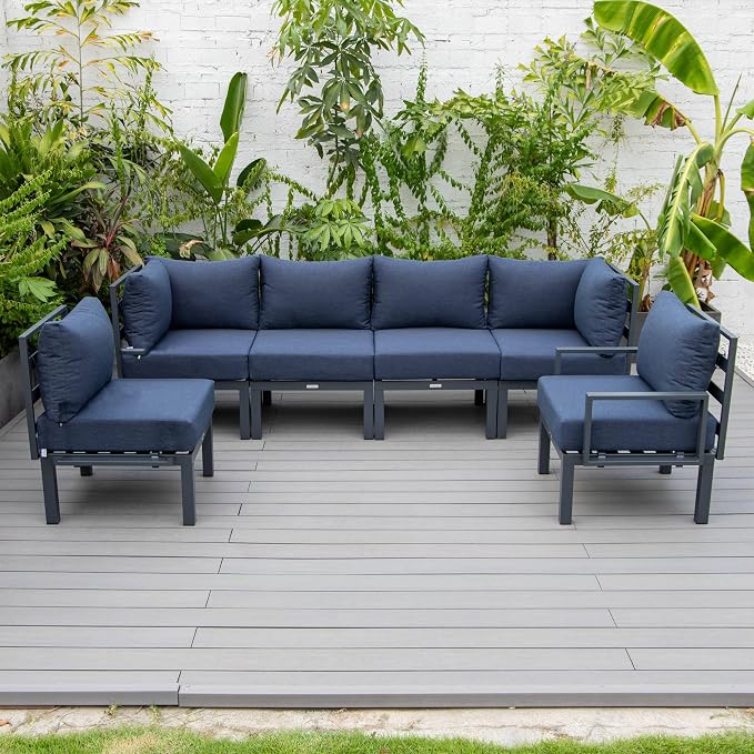 LeisureMod 6-Piece Patio Sectional Set in Black Aluminum with Removable Blue Cushions for Patio and Backyard Garden