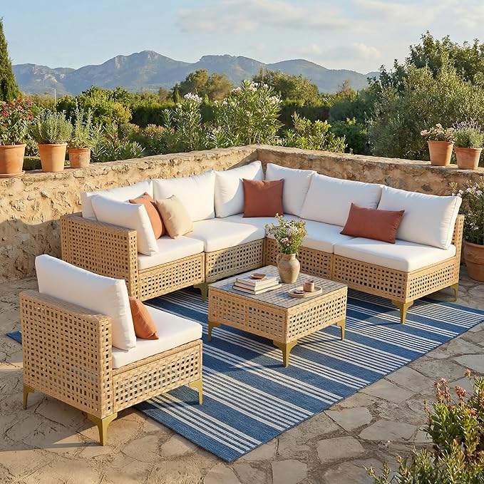 FHFO Patio Furniture Set, 7-Piece Wicker Patio Sectional Sofa Couch, Rattan Outdoor Conversation Set with Thick Cushion & Tempered Glass Coffee Table for Porch, Garden, Backyard (Yellow/Beige)
