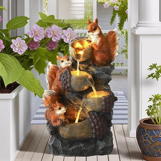 MAGIC UNION Outdoor Water Fountain, Waterfall Indoor Outside Cascading Rock Fountain Garden Decor with Squirrels Decorations, 3 Pinecone-Shaped Rocks Patio Resin Fountains for Yard, Porch and Home