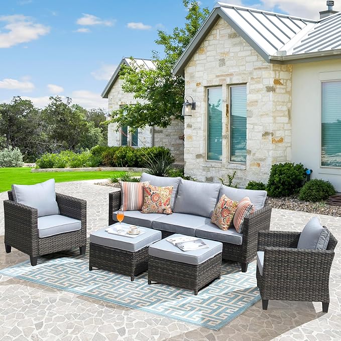 HOOOWOOO Patio Conversation Sets,5 Piece Wicker Outdoor Furniture Set with Ottoman,All Weather Resistant Modern Outside Out Door Rattan Couch Chairs Set,Light Gray