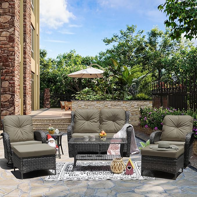 7-Piece Outdoor Patio Conversation Set with Storage Table, All Weather Wicker Rattan Conversation Set with Ottomans, Outdoor Sectional Swivel Rocking Chair for Patio, Porch,Beige