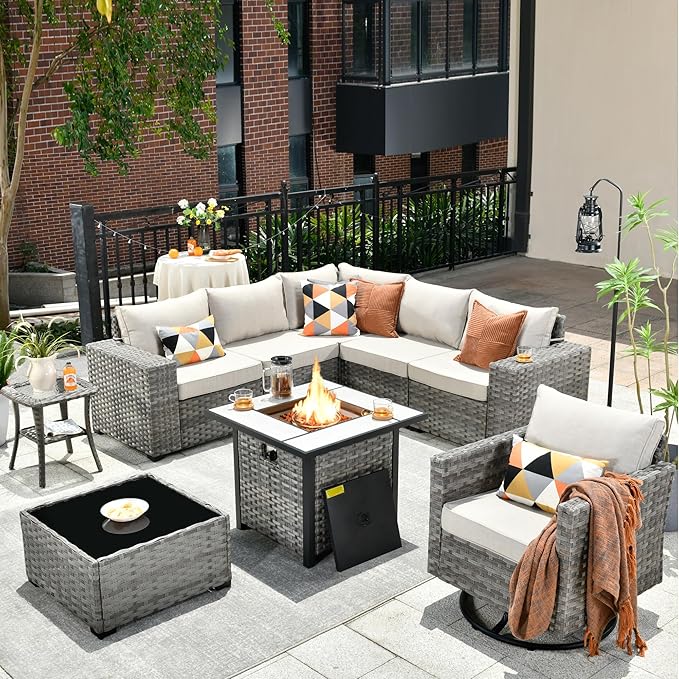 HOOOWOOO Outdoor Patio Sectional Furniture Sofa Set with Propane Gas Fire Pit Table,9 Piece Modern Wicker Couch with Swivel Chair,Modular L Shaped Conversation Seating Set with Wide Arm(Beige Tan)