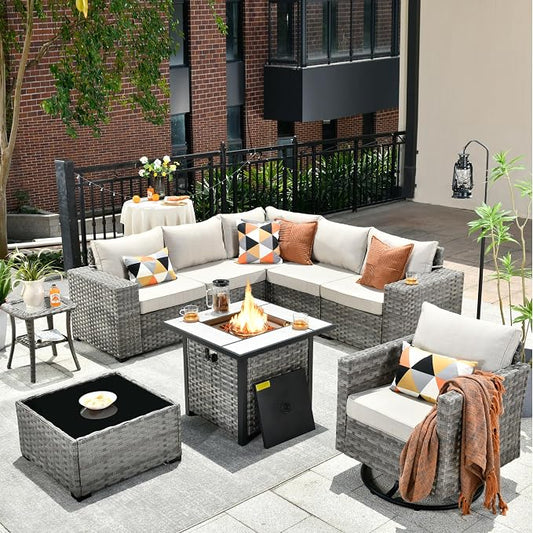 HOOOWOOO Outdoor Patio Sectional Furniture Sofa Set with Propane Gas Fire Pit Table,9 Piece Modern Wicker Couch with Swivel Chair,Modular L Shaped Conversation Seating Set with Wide Arm(Beige Tan)
