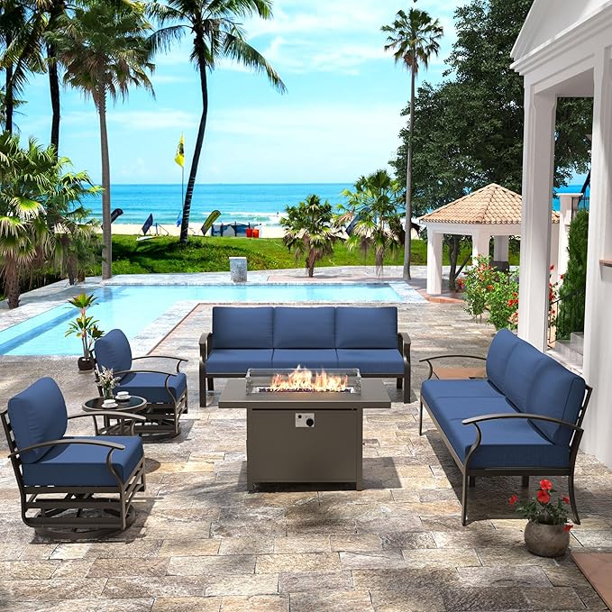 Aluminum Patio Furniture Set with 55,000 BTU Propane Fire Pit Table,8 Seats Metal Modern Outdoor Furniture w/5.1" Cushions,Patio Sectional w/Swivel Chairs for Patio,Backyard,NavyBlue