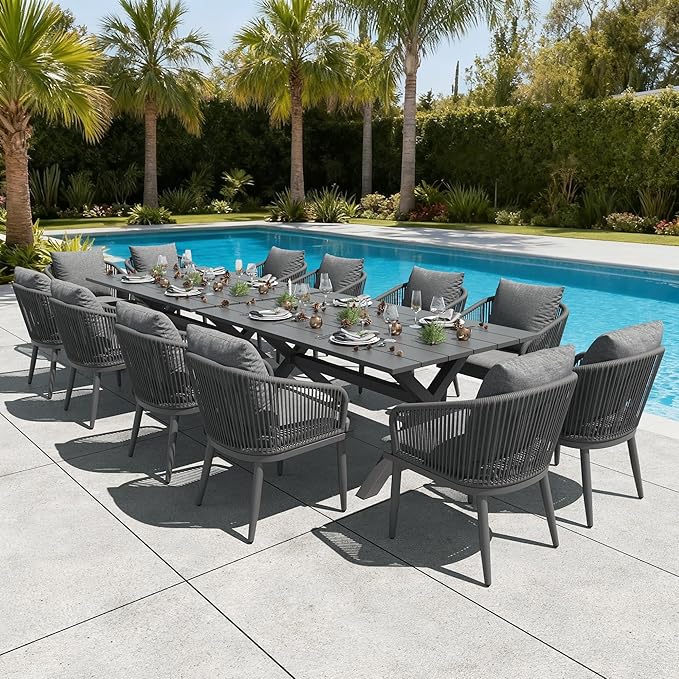 LayinSun 14 Pieces Outdoor Patio Dining Set, Aluminium Rectangular Dining Table and Wicker Rattan Chairs Set for Outside Backyard, Poolside