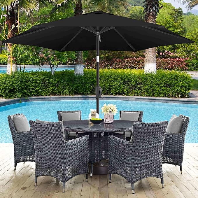 10ft Patio Umbrella Outdoor - Table Umbrella with 6 Sturdy Ribs, Market Umbrella with Push Button Tilt, UV Protection for Pool, Porch, Garden, Deck, Backyard (Black)
