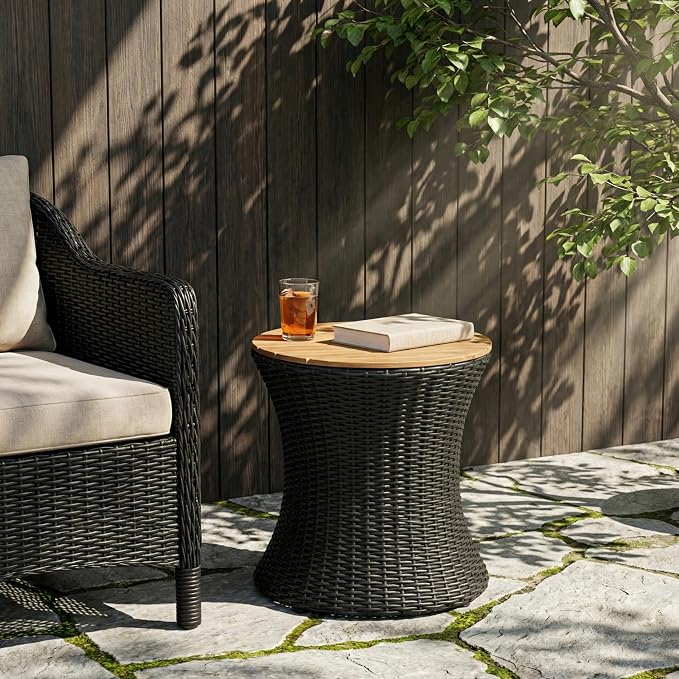 Christopher Knight Home Fenton 17.5" Outdoor Side Table, Round Patio End Table with Wood Top and Wicker Base, Small Outdoor Coffee Table for Balcony Garden Poolside, Accent Garden Stool, Black+Natural
