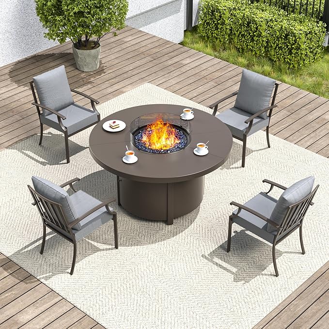 5 Pieces Outdoor Patio Furniture Set with 48" Round Propane Fire Pit Table,Patio Dining Set Outdoor Conversation Sets 4 Chairs for Deck,Backyard and Garden,Grey