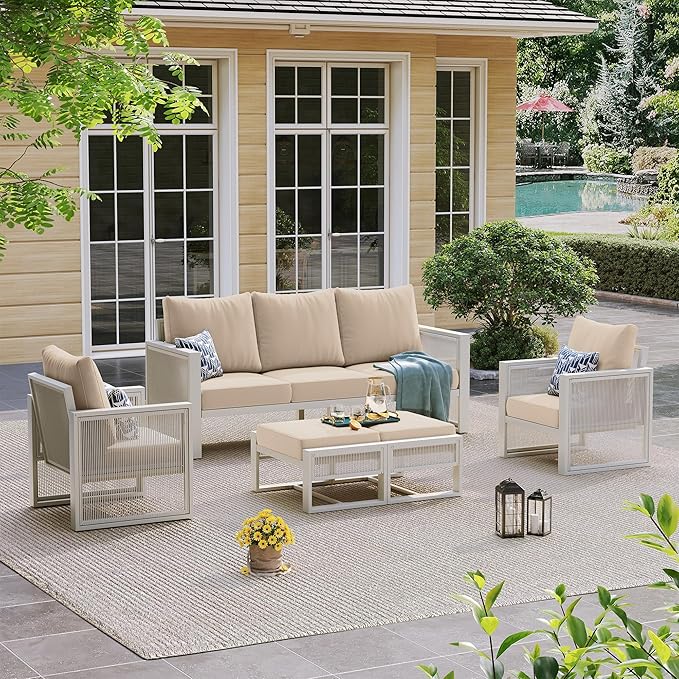 UDPATIO Aluminum Outdoor Furniture Set with Ottoman, 5 Piece Modern Patio Furniture Set, All Weather Patio Conversation Sets with Thickend Cushions, for Garden, Porch, Balcony, Light Grey/Beige