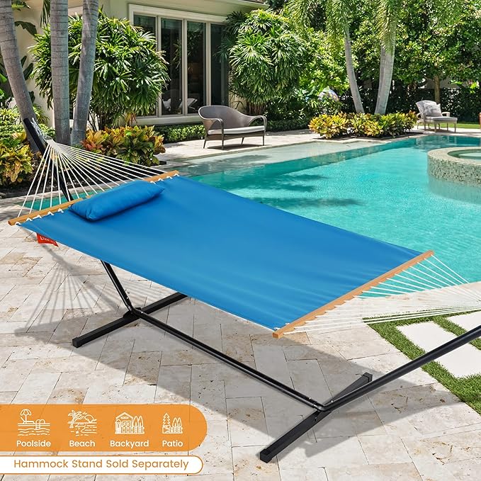 Lazy Daze Hammocks 12 FT Sunbrella Fabric Hammock not Fading with Spreader Bars and Free Pillow Fits for 2 Persons, All Weather and Fade Resistant for Patio Yard, 450 lbs Capacity, Canvas Pacific Blue