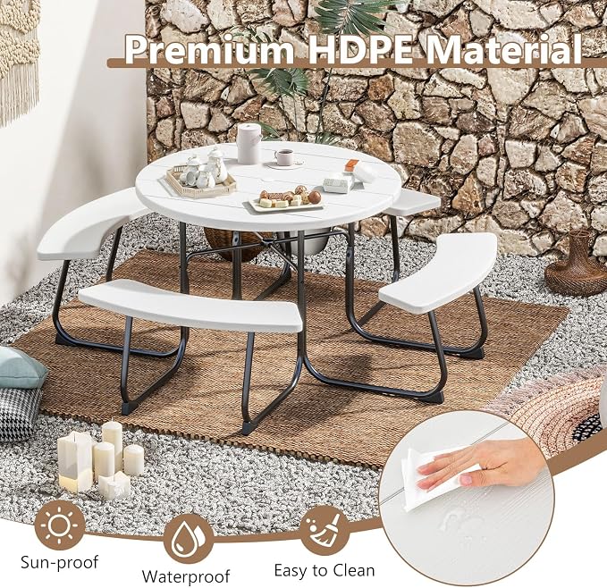 Round Picnic Table for 8 Person, Outside Table Bench Set w/ 4 Built-in Benches, Umbrella Hole, HDPE Top & Metal Frame, 2000LBS Capacity Outdoor Picnic Table for Garden, Porch, Patio (White)