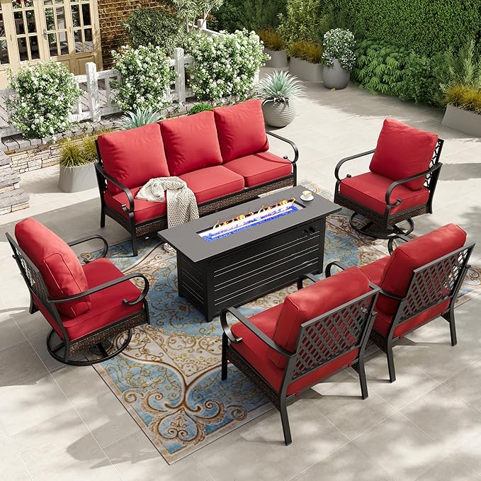 HERA'S HOUSE 6 Piece Metal Patio Furniture Set with 56" Fire Pit Table, All Weather Outdoor Conversation Set, 3 Seat Sofa, 2 Swivel Chairs, 2 Fixed Chairs, Seats 7 for Backyard, Garden, Deck, Red