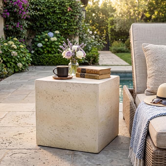 Square Outdoor Concrete Side Table,Patio End Table, Faux Travertine Stone Accent Table with for Indoor Outdoor, Garden Stool Coffee Table for Patio, Garden, Backyard - 16.34" Light Tan MgO