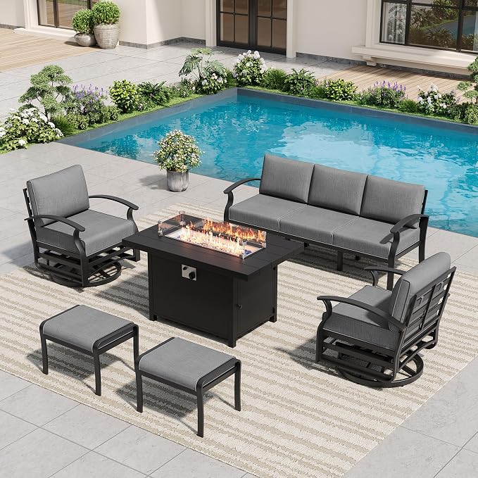 Aluminum Outdoor Patio Furniture Set,6 Pieces 5 Seats Patio Conversation Sets with 45" Propane Fire Pit Table,Metal Furniture Set with 2 Swivel Rocking Chairs & 2 Ottomans,Grey