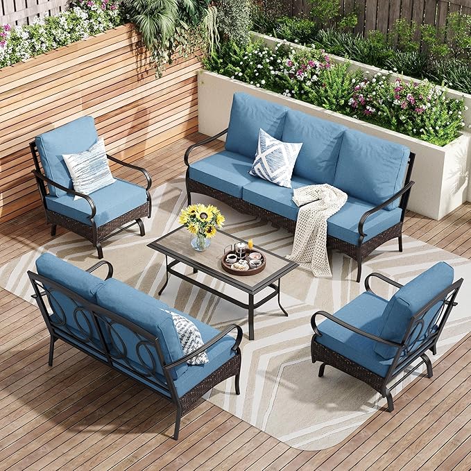 PHI VILLA Outdoor Modern Patio Furniture Set, Upgraded Wicker & Metal Patio Conversation Set with Waterproof Thick Cushions for Porch, Poolside, Yard(5 Pieces,Navy)