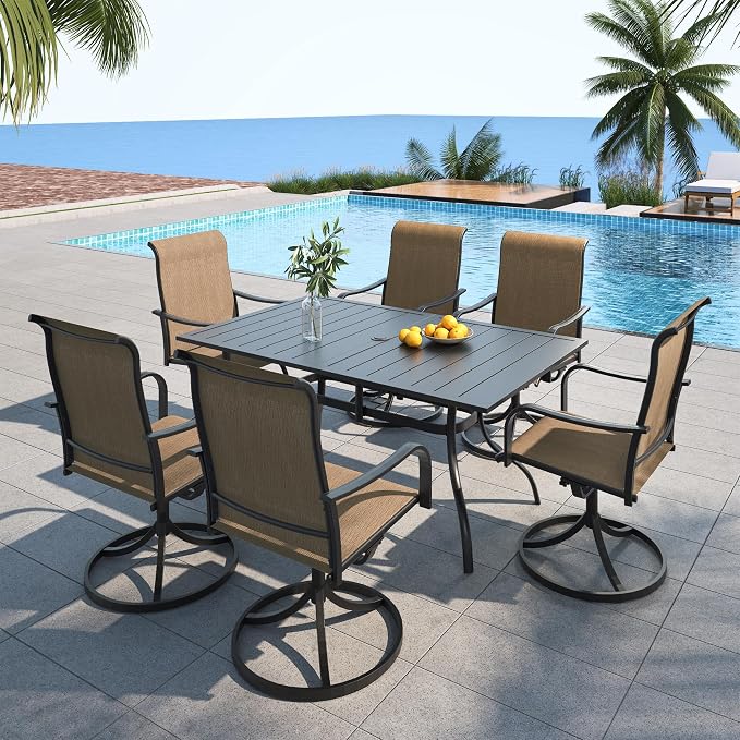7 Piece Outdoor Dining Set Swivel Chair and 63" Rectangle Table Brown Sty2 | 6 Piece Swivel Chairs: High Back, Curved Armrest, Textilene Fabric, Rocking; 63"x38"x28" Metal Rectangle Table, All Weather