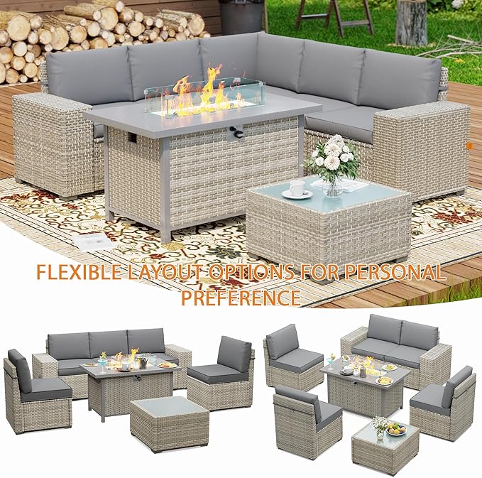 7 Piece Patio Furniture Set, 8" Wide Arm Sectional Sofa Set with 50000 BTU Propane Fire Pit Table & Coffee Table, Rattan Outdoor Conversation Set for Garden, Porch, Lawn, Gray