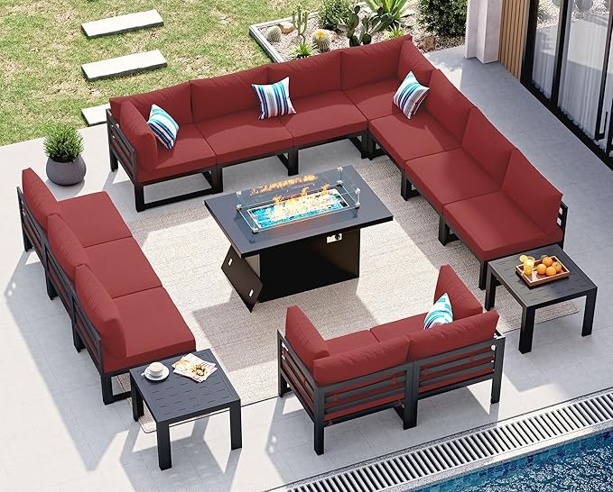 NICESOUL 12 Person Modern Aluminum Outdoor Patio Furniture Set with Firepit & Side Table, 29" Wide Deep Seating, L Shaped Modular Sectional Couch, Oversized Conversation Set for Backyard, Burgundy