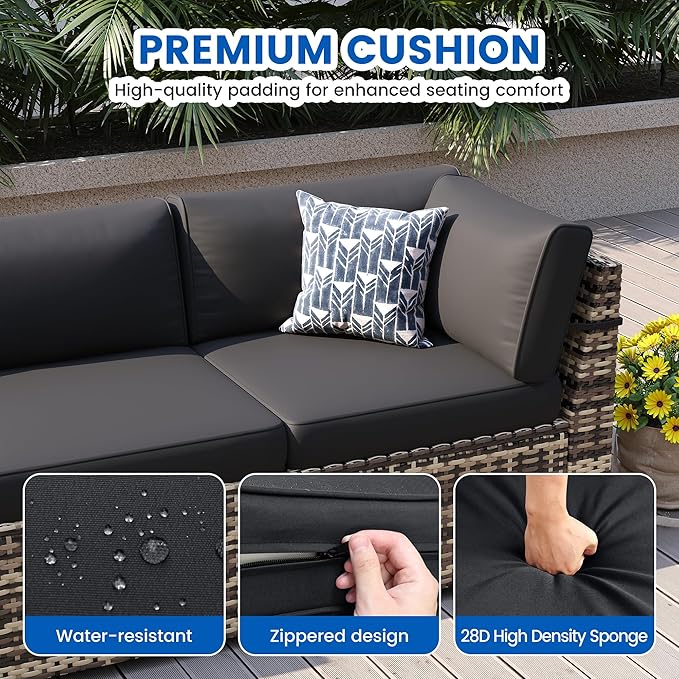 8-Piece Patio Furniture Set with 44” Fire Pit Table - All-Weather Wicker Conversation Sectional Sofa & Coffee Table with Thickened Cushions for Backyard, Garden(Black)