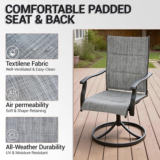 Patio Swivel Rocker Chairs Set of 2,Outdoor Dining Chairs High Back,15° Gentle Rocking Patio Chair with Padded Textilene, Metal Frame for Poolside Lawn Garden,Blue(2 PCS)