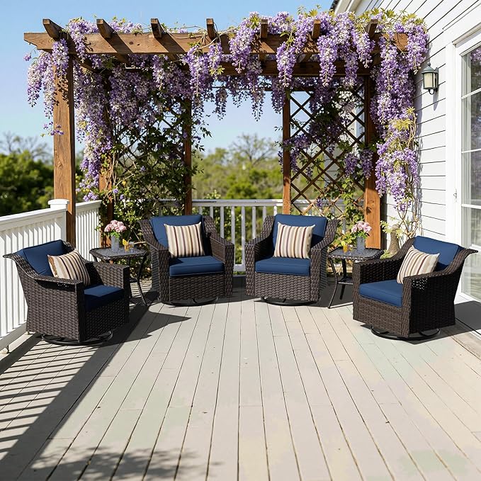 6 Pieces Patio Conversation Furniture Set - 4 Swivel Chairs, 2 Side Tables, Outdoor Wicker Furniture with Removable Cushions for Porch, Sunroom (Blue)