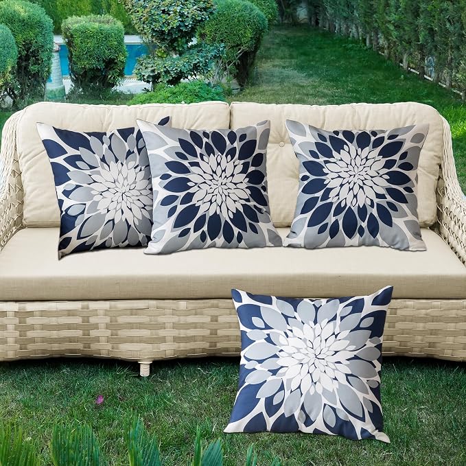 Pack of 4 Outdoor Waterproof Pillow Covers 20x20 Decorative Outdoor Throw Pillows Garden Square Cushion Cases for Patio Furniture, Couch, Tent Sunbrella, Bench, Navy Blue Grey