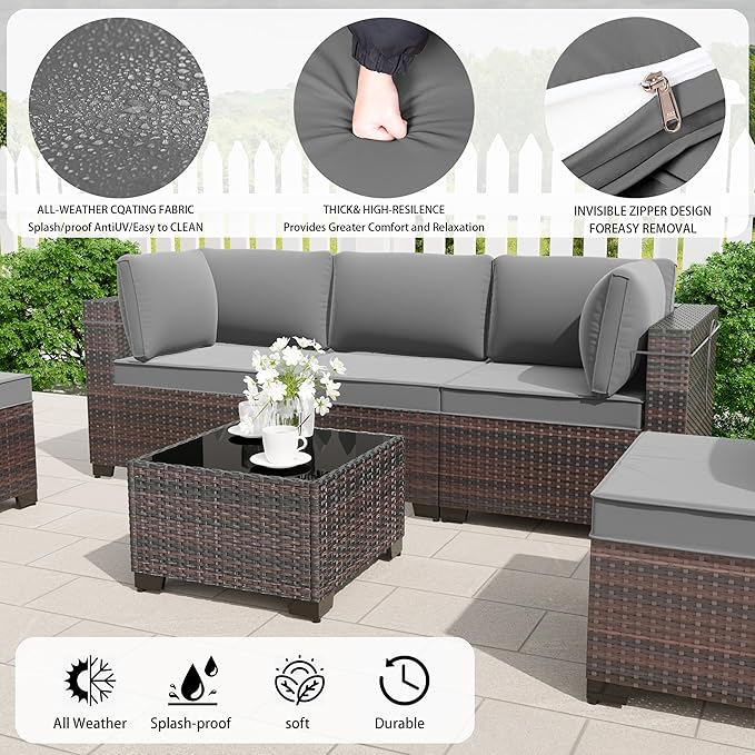 7 Pieces Outdoor Patio Furniture Set,Outdoor Sectional Furniture All Weather PE Rattan Wicker Patio Conversation Set with Coffee Table and 6 Thickened Cushions,Grey