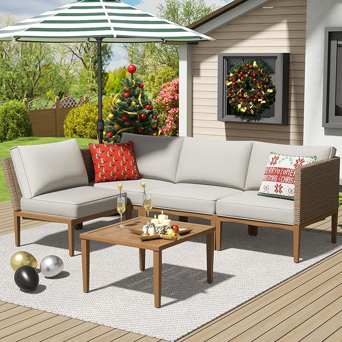 NATURAL EXPRESSIONS Patio Furniture Sets, 5 Pieces Wicker Outdoor Sectional Couch Sofa Patio Outdoor Furniture Conversation Set with Handwoven Rattan,Handbrush Wooden Grain Metal Frame,5" Cushions