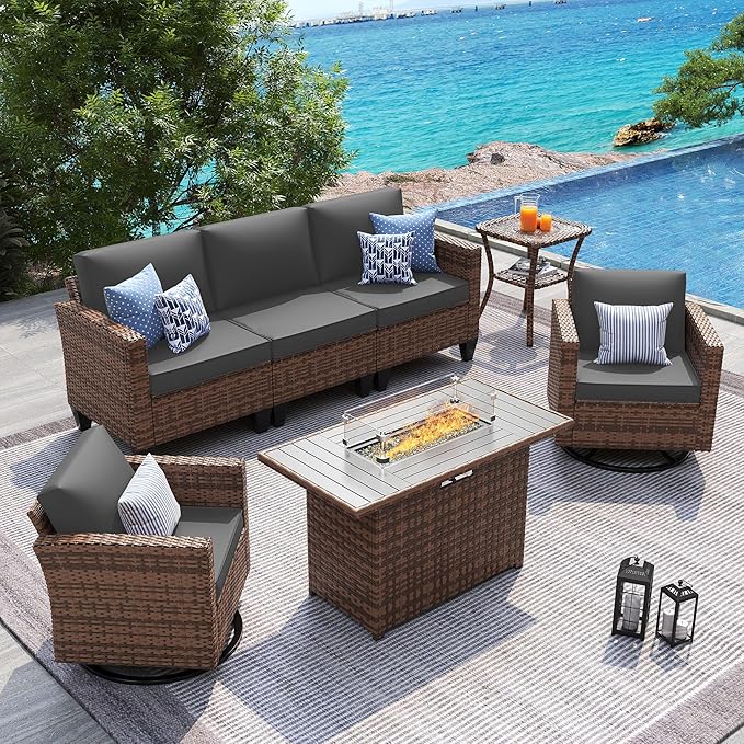 UDPATIO Patio Furniture Set with Fire Pit Table, Rocking Swivel Chairs, 5 Pieces Outdoor Furniture Sets, All-Weather Wicker Outdoor Sectional Sofa with Waterproof Cover, 4'' Thickened Cushion, Grey