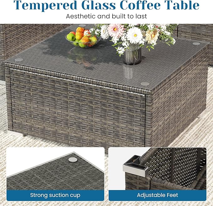 Green4ever 5-Piece Outdoor Patio Furniture Set, All-Weather Wicker Rattan Sectional Sofa with Cushions and Glass Coffee Table, Patio Conversation Set for Backyard, Porch, Garden, Balcony, Beige