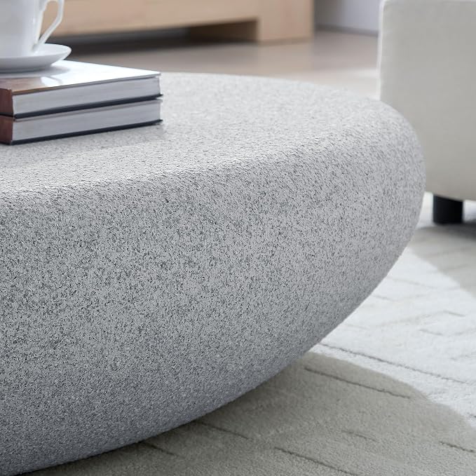 55.12" Faux Stone Coffee Table Modern Unique Coffee Table Oval Rock Center Tables Round Edge Design Fiberglass Concrete Accent Tables for Living Room Office Apartment No Assembly, Cement