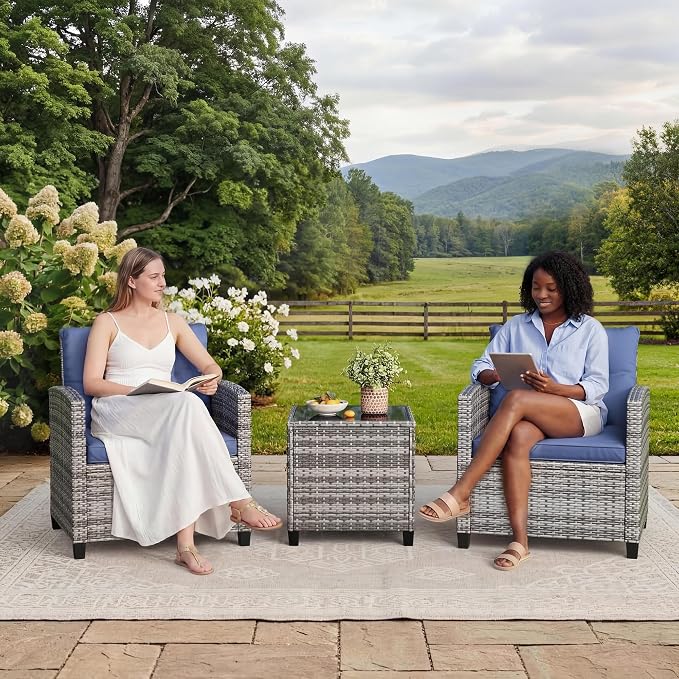 GarveeHome 3-Piece Outdoor Wicker Sofa Set, PE Rattan Patio Furniture with Removable Washable Blue Cushions & Tempered Glass Table, Conversation Seating for Garden, Poolside, Balcony, Gray Wicker