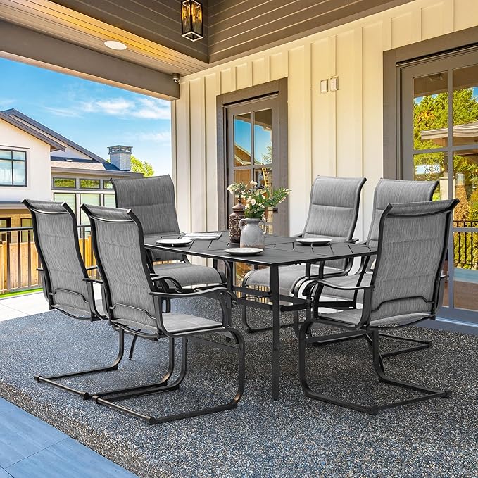 NUU GARDEN 7 Piece Outdoor Dining Set, 6 All Weather Padded Textilene Patio Chairs and 61" Rectangular Dining Table with 1.77" Umbrella Hole, for Garden, Patio, Light Grey and Black