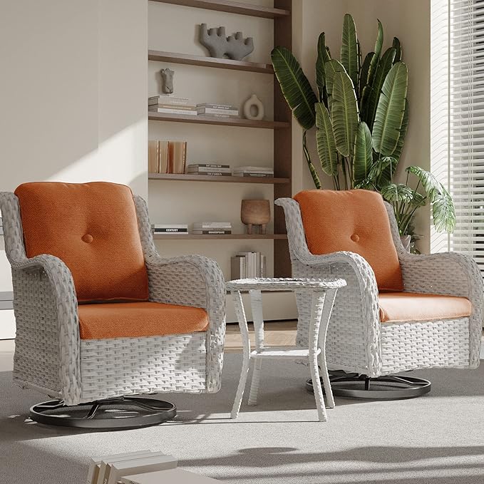 Joyside Outdoor Rocker Swivel Patio Chairs Set of 4 with 2 Matching Side Tables - 6 Pieces Patio Wicker Conversation Set with Premium & Soft Fabric Cushions(Light Grey/Orange)