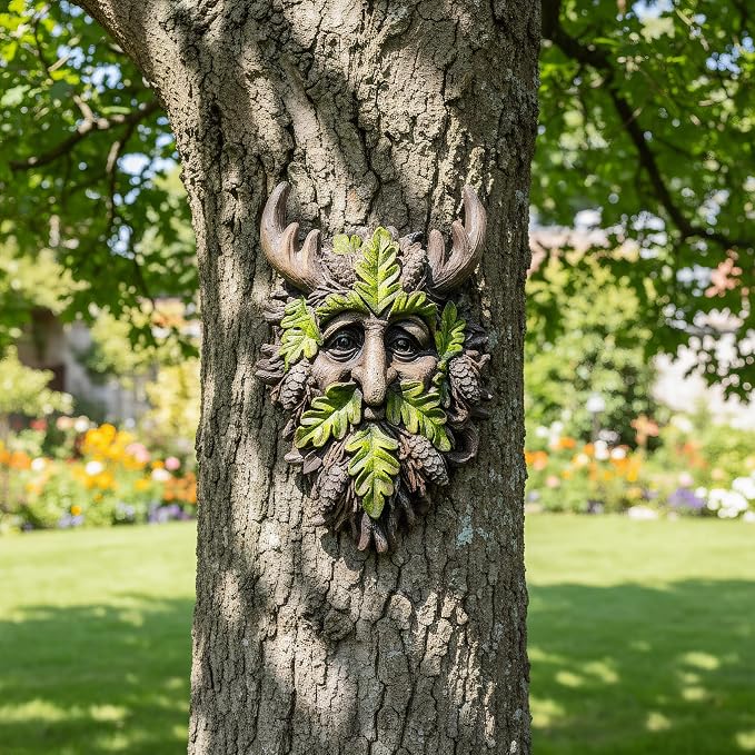 8.3" Real Tree Face Hugger Statue, Garden Outdoor Resin Sculpture with Foliage Features, Fairy Elve Accent Yard Art, Halloween Trees Decorations Outdoor Wall Mounted Statue
