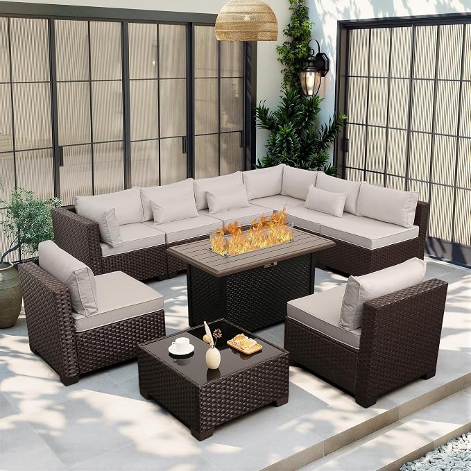 Lviden 10 Pieces Wicker Patio Furniture Set Outdoor PE Rattan Sectional Conversation Sofa Set with Non-Slip Cushions and 45" Fire Pit Table, Beige