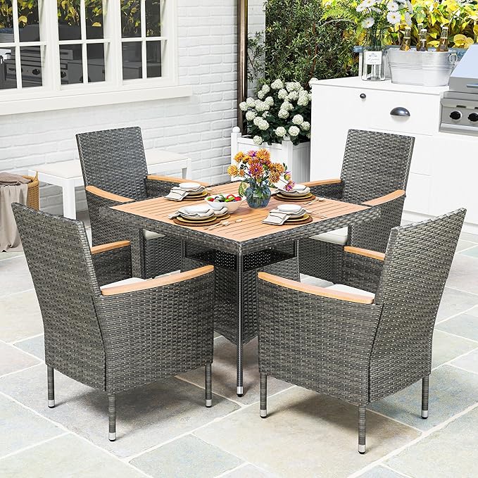 Wisteria Lane Patio Dining Sets for 4, All Weather Rattan Outdoor Table and Chairs with Acacia Wood Tabletop, Patio Dining Furniture with Removable Cushions for Deck Garden, Backyard, Gray