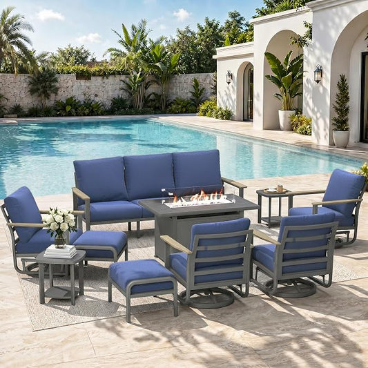 Aluminum Outdoor Patio Furniture Set, 10-Piece Sectional Sofa with 5.1" Thick Cushions, 4 Swivel Rocking Chairs, 55,000 BTU Propane Fire Pit Table, Outdoor Couch for Backyard, Deck, Navy Blue