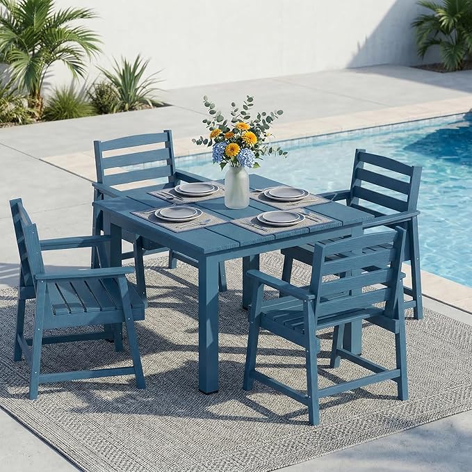 LOUNZY 5-Piece HDPE Patio Dining Set - Outdoor Square Table with 2" Hole Cut-Out & 4 Chairs,Navy
