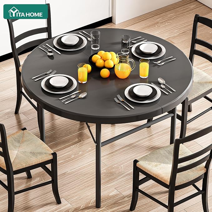 YITAHOME 48 Inch Round Folding Table for Outdoor/Indoor, Heavy Duty Folding Plastic Table w/Thick Table Top and Sturdy Metal Frame, Ideal for Party Picnic Camping BBQ Events, Black