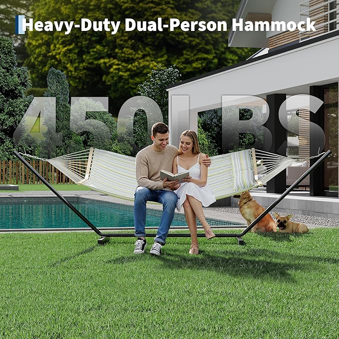 2 Person Double Hammock with Adjustable Steel Stand & Pillow, Heavy Duty Portable Outdoor Hammock Set, MAX 450 LBS Weight Capacity for Patio, Garden, Beach, Backyard