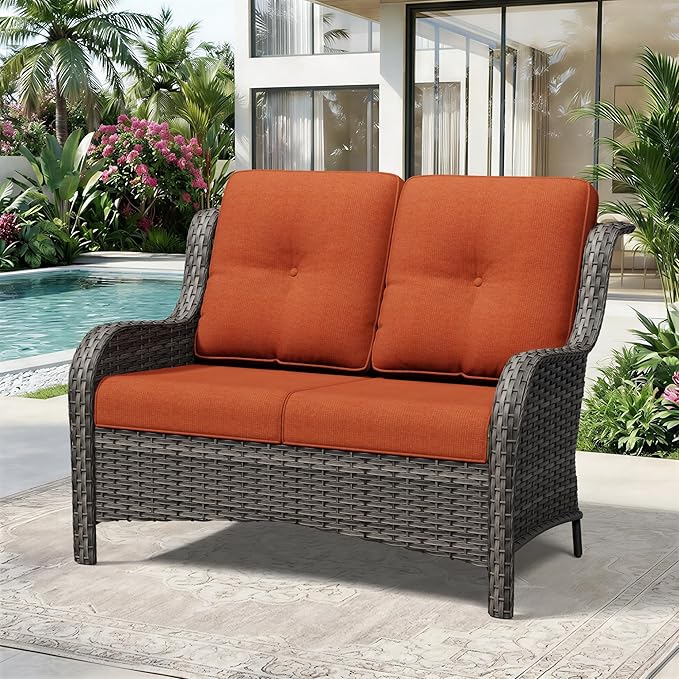 Wicker Patio Loveseat, 2 Seat Outdoor Couch with Thickened Olefin Cushions, High Back and Deep Seating, Hand-Woven PE Rattan for Porch, Deck, Balcony