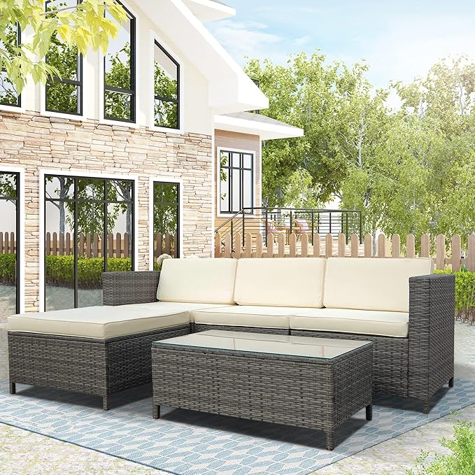 RoyalCraft 5 Pieces Patio Furniture Sets, All Weather Outdoor Sectional Sofa Manual Weaving Wicker Rattan Outdoor Conversation Set with with Cushion and Glass Table, Cream