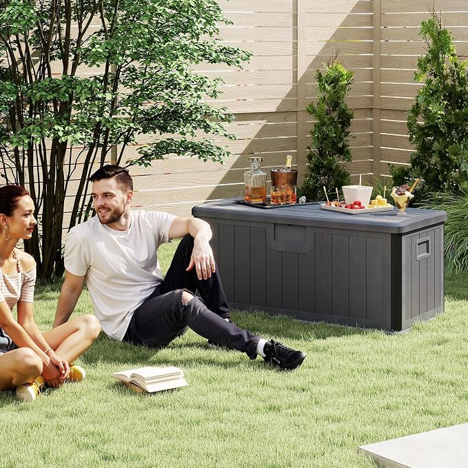 HAPPYGRILL Outdoor Storage Deck Box with Lockable Design & Gas Strut, Handle, 100 Gallon HDPE Patio Storage Organizer for Lawn Backyard Poolside (Gray)