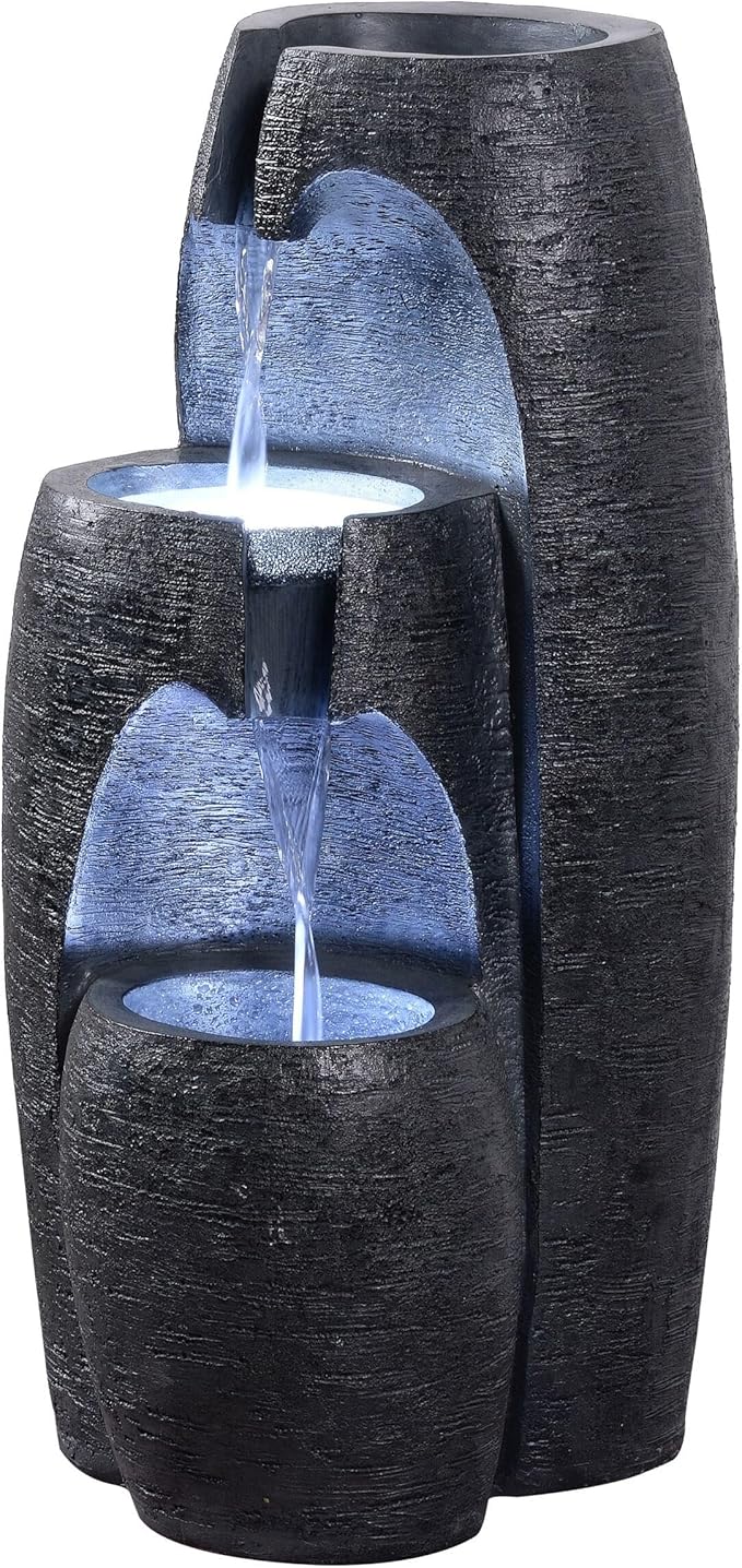Teamson Home 3-Tier Cascading Urn Outdoor Water Fountain–Cool Glow Lighting with Adjustable Flow & Electric Pump, Black